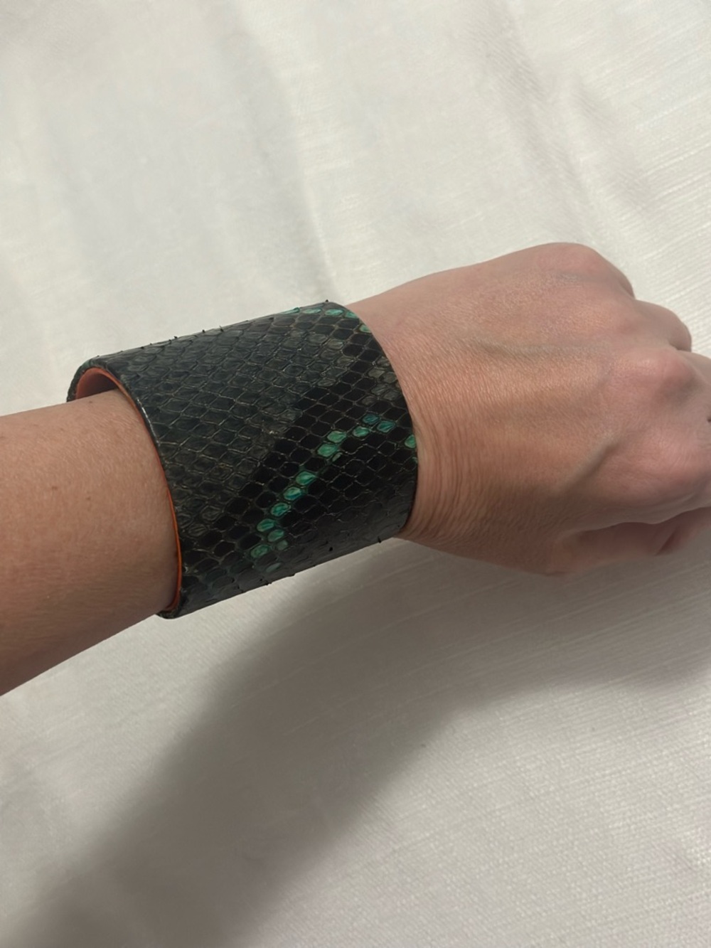 Camille Zarsky Python Leather Cuff Bracelet Teal Black Wide Statement - Picture 4 of 4